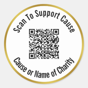 Scan QR Code To Support Cause Charity White & Gold Classic Round Sticker