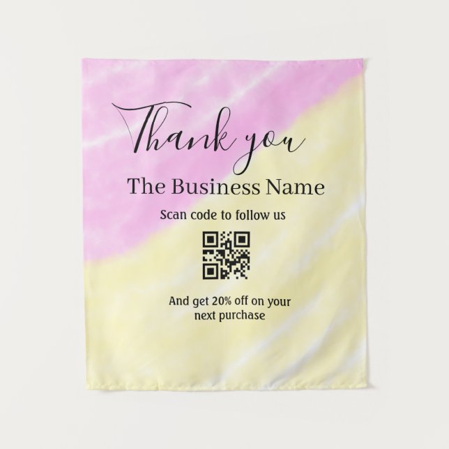 Scan QR to follow us thank you discount code pink  Tapestry (Front)