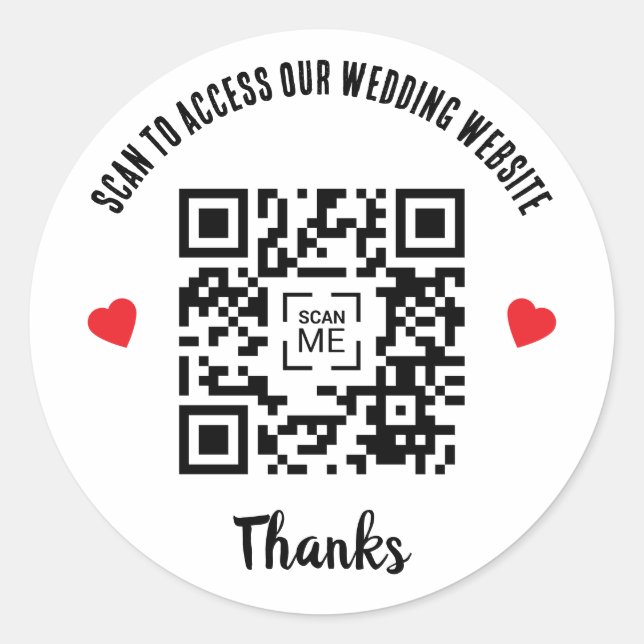 Scan To Access Wedding Website Red Heart QR Code Classic Round Sticker (Front)