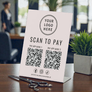 Scan to Pay 2 QR Codes Business Logo Pink Pedestal Sign
