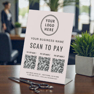 Scan to Pay 3 QR Codes Business Logo Pink Pedestal Sign