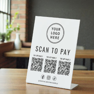 Scan to Pay 3 QR Codes Business Logo Social Media Pedestal Sign