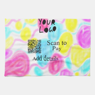 Scan to pay add Q R business logo rainbow watercol Tea Towel