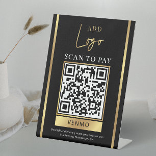 Scan to Pay Black & Gold Business Logo QR Code Pedestal Sign