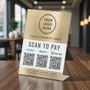 Scan to Pay Logo Paypal Venmo CashApp QR Code Gold Pedestal Sign