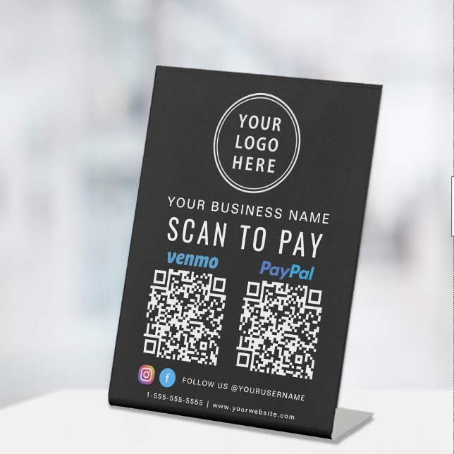 Scan to Pay Logo Paypal Venmo QR Codes Black Pedestal Sign (A QR code sign to effortlessly connect your customers to your payment platforms)