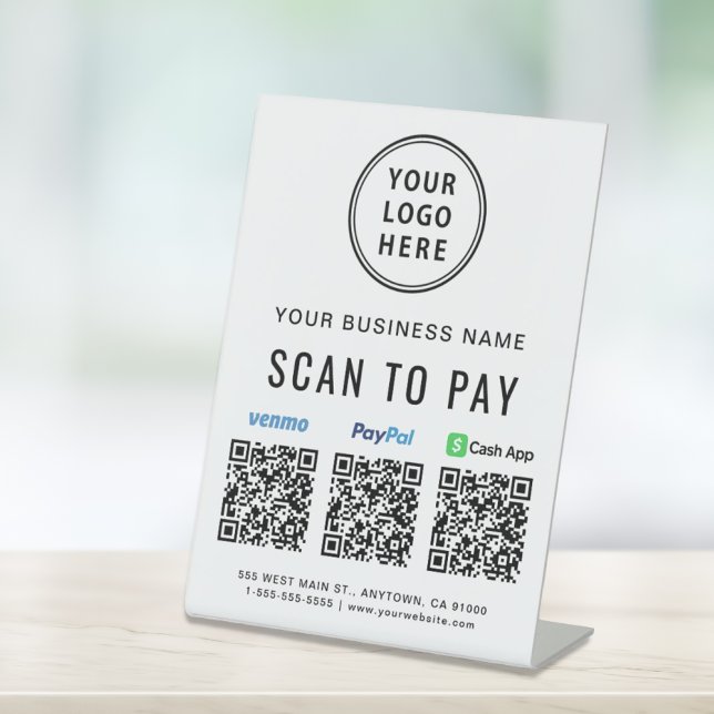 Scan to Pay Paypal Venmo CashApp QR Codes Logo Pedestal Sign (A QR code sign to effortlessly connect your customers to your payment platforms)