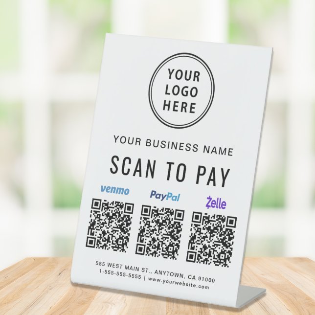 Scan to Pay Paypal Venmo Zelle QR Codes Logo Pedestal Sign (A QR code sign to effortlessly connect your customers to your payment platforms)