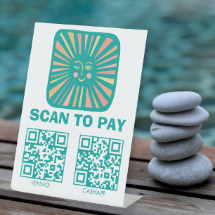 SCAN TO PAY QR Glowing Sun Cute Charming Pink Teal Pedestal Sign