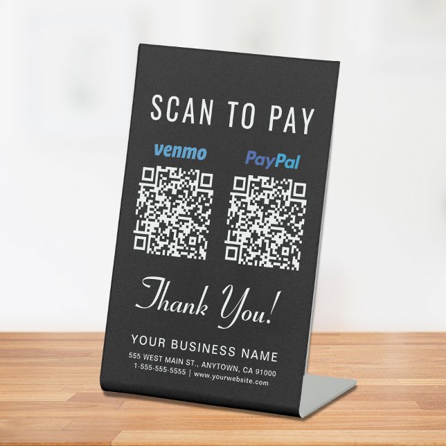 Scan to Pay Venmo Paypal QR Codes Black Pedestal Sign (A QR code sign to effortlessly connect your customers to your payment platform)