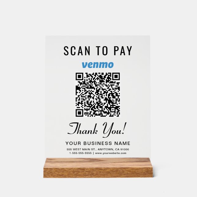 Scan to Pay Venmo QR Code Acrylic Sign (Front)
