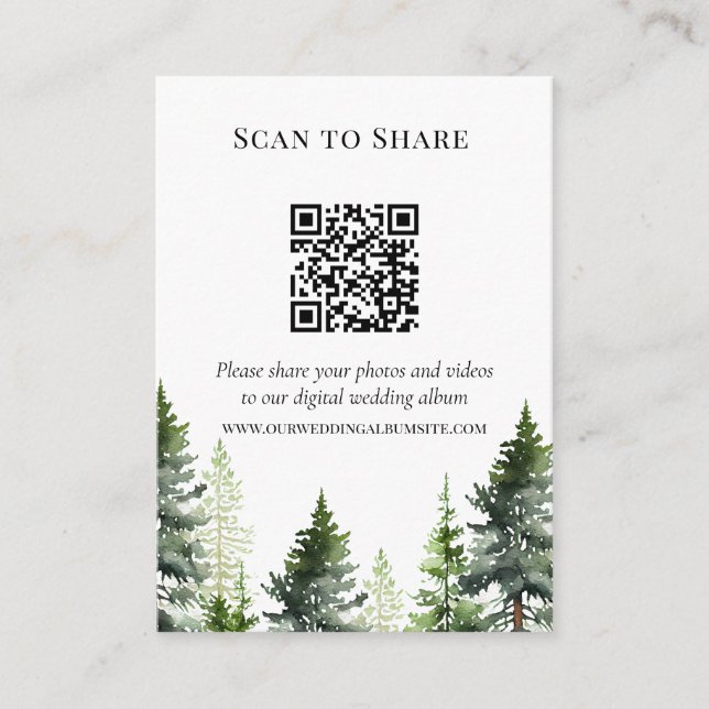 Scan to Share  Pine Forest Wedding Photos  QR Code Enclosure Card (Front)