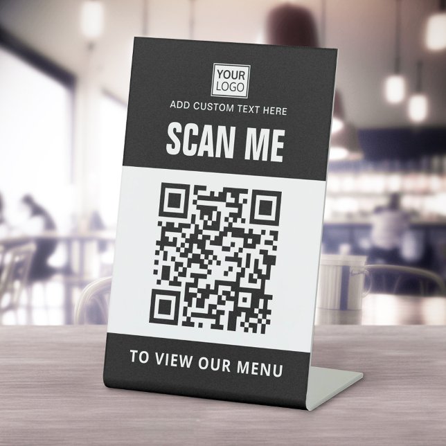 Scan to view menu custom logo QR code black white Pedestal Sign (Creator Uploaded)