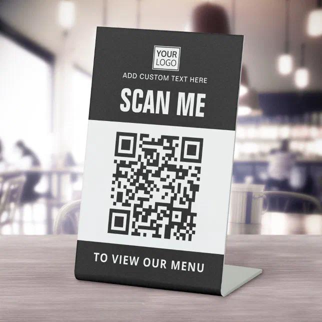 Scan For Menu Table Sign Scan to view menu custom logo QR code black white Pedestal Sign | Zazzle