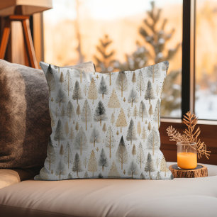 Scandi Beige Nordic Folk Art Pattern Xmas Trees Cushion
