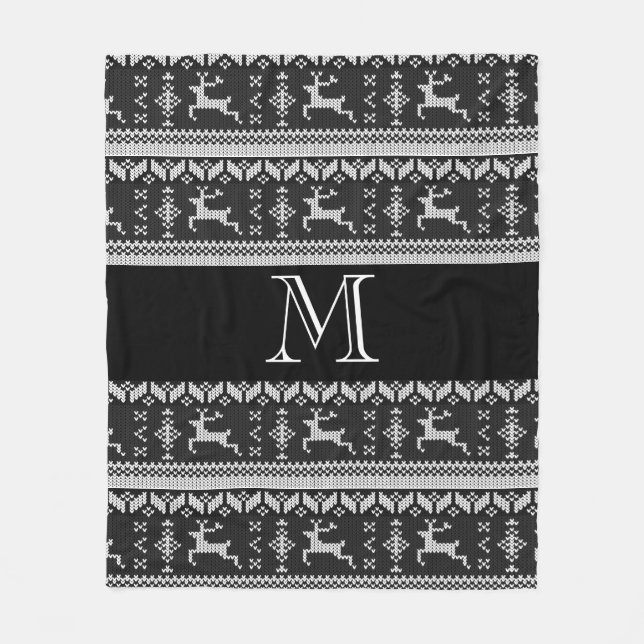 Scandi Black and Grey Reindeer Norwegian Alpine Fleece Blanket (Front)