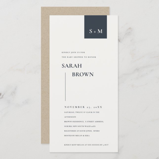 SCANDI BLACK & WHITE MONOGRAM BABY SHOWER INVITE (Front/Back)