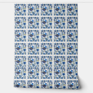 Scandi Blue Bird, Folk Art Wallpaper