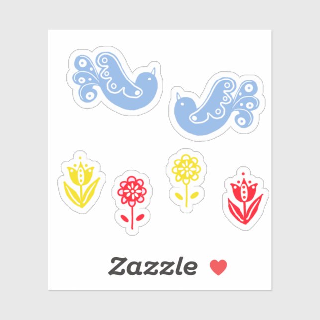 Scandi Blue Bird Red Yellow Flowers (Sheet)