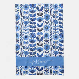 Scandi blue floral script name tea towel