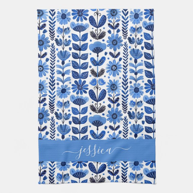 Scandi blue floral script name tea towel (Vertical)