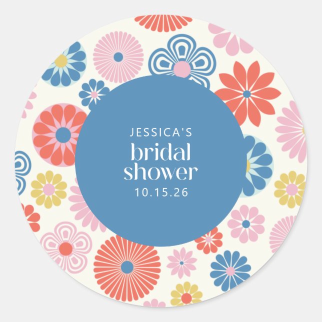 Scandi Boho Folk Flower Blue Bridal Shower  Classic Round Sticker (Front)