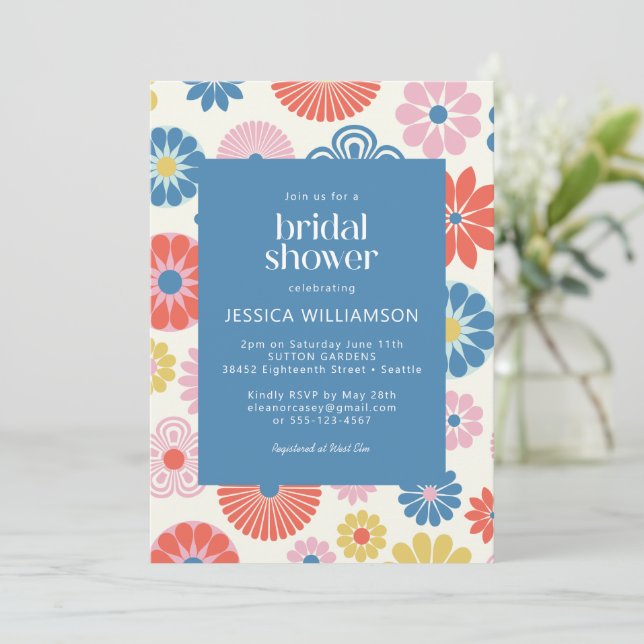 Scandi Boho Folk Flower Blue Bridal Shower Invitation (Standing Front)