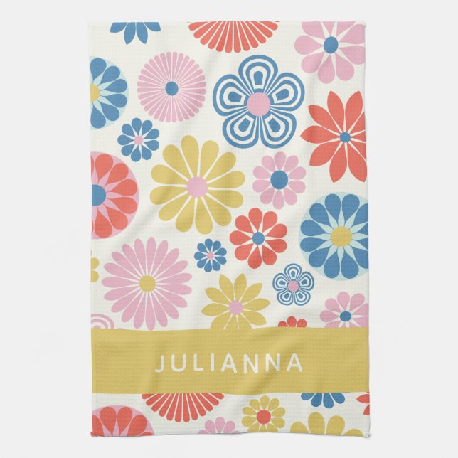Scandi Boho Folk Flower Pattern Personalised Tea Towel (Vertical)