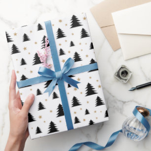 Scandi Christmas Pine Tree and Stars Minimalist Wrapping Paper
