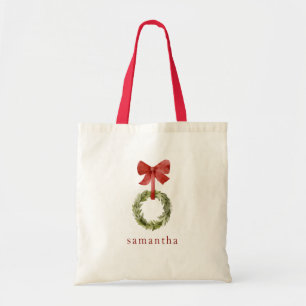 Scandi Christmas Wreath Red Bow Custom Name Tote Bag