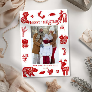 Scandi Folk Art Forest Woodland Animals Bird Photo Holiday Card