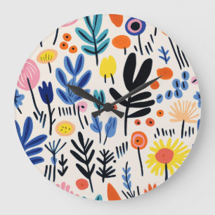 Scandi Folk Floral Nordic Botanical Art Large Clock