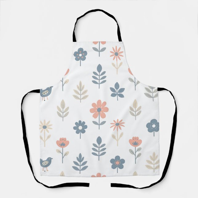 Scandi Folk Flowers Birds Pattern Apron (Front)