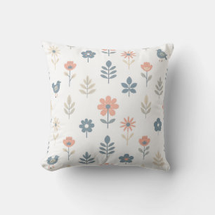 Scandi Folk Flowers Birds Pattern Cushion