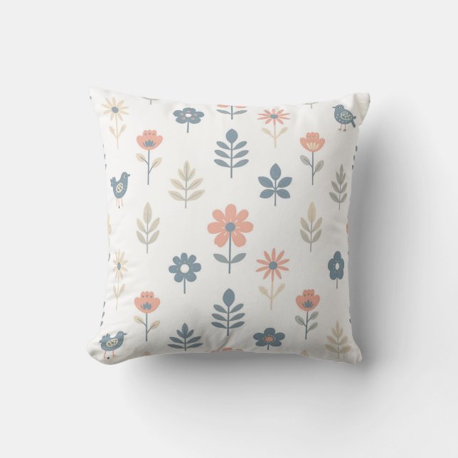 Scandi Folk Flowers Birds Pattern Cushion (Front)