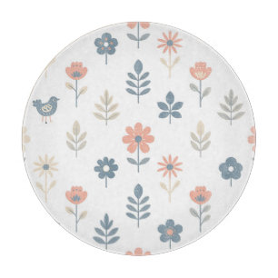 Scandi Folk Flowers Birds Pattern Cutting Board