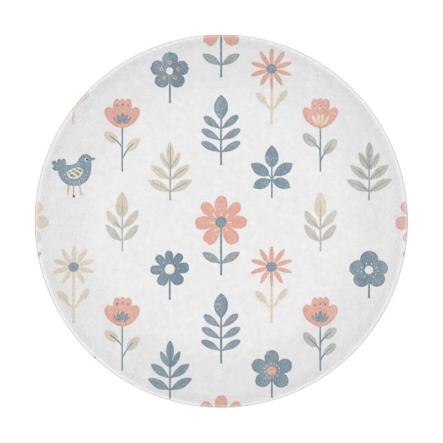 Scandi Folk Flowers Birds Pattern Cutting Board (Front)
