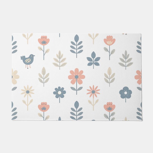 Scandi Folk Flowers Birds Pattern Doormat (Front)