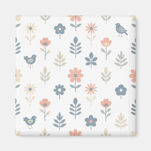 Scandi Folk Flowers Birds Pattern Magnet