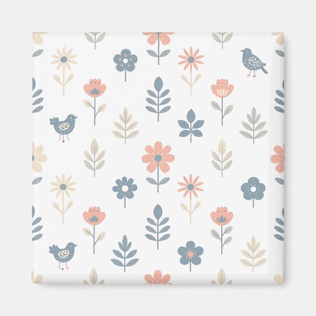 Scandi Folk Flowers Birds Pattern Magnet (Front)