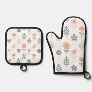 Scandi Folk Flowers Birds Pattern Oven Mitt & Pot Holder Set