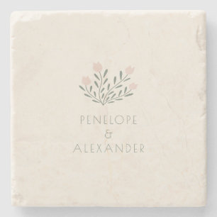 Scandi Folk Flowers Blush Pink Sage Custom Wedding Stone Coaster