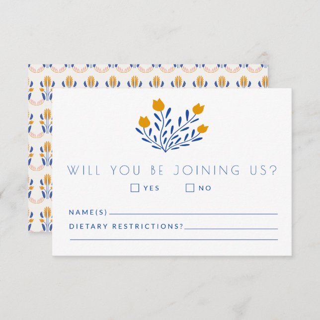 Scandi Folk Flowers in Blue and Yellow Wedding RSVP Card (Front/Back)