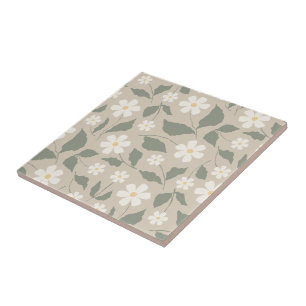 Scandi Modern Daisy Floral Soft Beige & Green Ceramic Tile