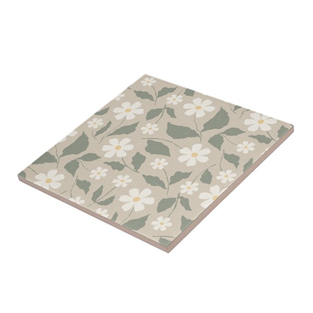 Scandi Modern Daisy Floral Soft Beige & Green Ceramic Tile (Side)