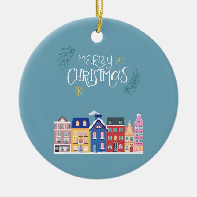 Scandi Nordic Houses Blue Christmas Decoration (Front)