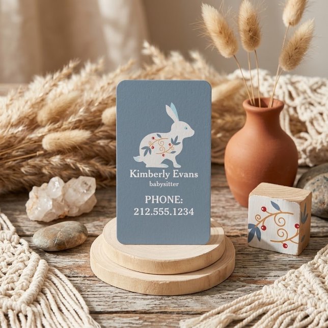 SCANDI Rabbit Floral Navy Babysitter QR Code  Business Card (Creator Uploaded)