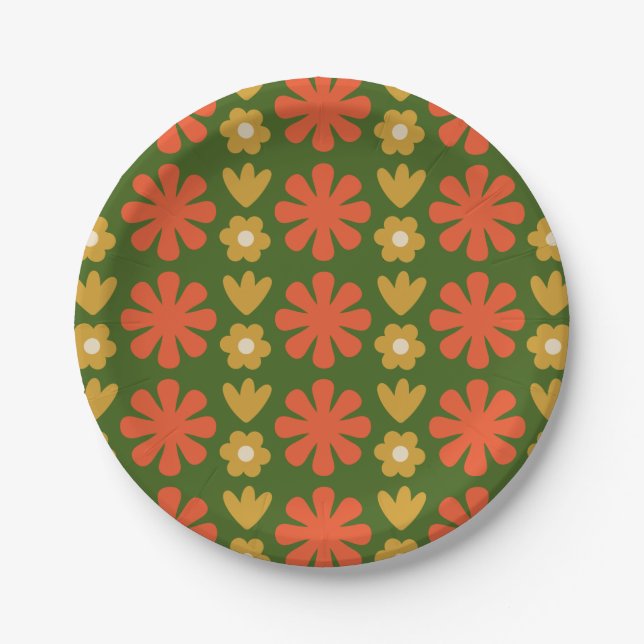 Scandi Retro Floral Pattern Green Orange Mustard Paper Plate (Front)