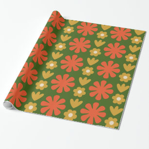 Scandi Retro Floral Pattern Green Orange Ochre Wrapping Paper