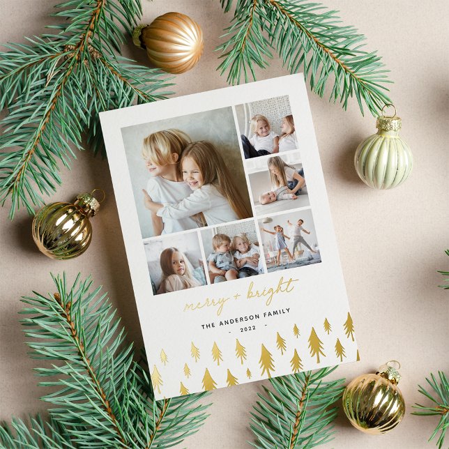 Scandi Trees | Modern Minimalist Photo Collage Hol Foil Holiday Card (Creator Uploaded)